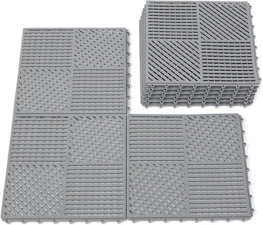 9 Pack Interlocking Drainage Tiles Double Non-Slip Tiles Mat with Drain Holes for Pool, Bathroom, Shower, Pantry, Patio, Boat, Pet Area, 12" L×12" W×0.4" Th Gray