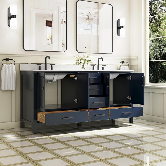 72-Inch Bathroom Vanity with Sink, 4 Soft-Close Doors and 6 Soft-Close Drawers, Bathroom Freestanding Vanity with Cultured Marble Countertop, Navy Blue Vanity with Matte Black Handles