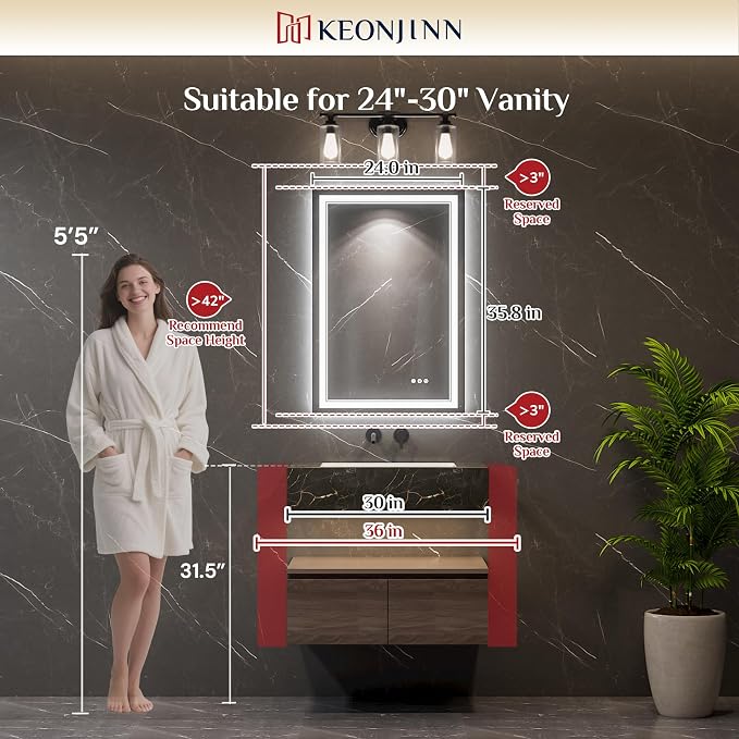 Keonjinn 24" x 36" LED Bathroom Mirror with Lights, Frontlit & Backlit | Bluetooth Speaker, Bluetooth Mirror Bathroom, Dimmable 3-Color Lights, Tempered Glass, Anti-Fog, CRI90+, Plug-in/Hardwired