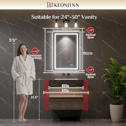 Keonjinn 24" x 36" LED Bathroom Mirror with Lights, Frontlit & Backlit | Bluetooth Speaker, Bluetooth Mirror Bathroom, Dimmable 3-Color Lights, Tempered Glass, Anti-Fog, CRI90+, Plug-in/Hardwired