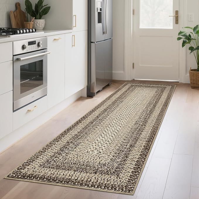 Imitation Braided Collection-Print Hallway Runners 2x10 Washable Area Rug, Farmhouse Rustic Area Rug with Non Slip Backing, Soft Low Pile Indoor Carpet Runners for Entryways, Laundry Room