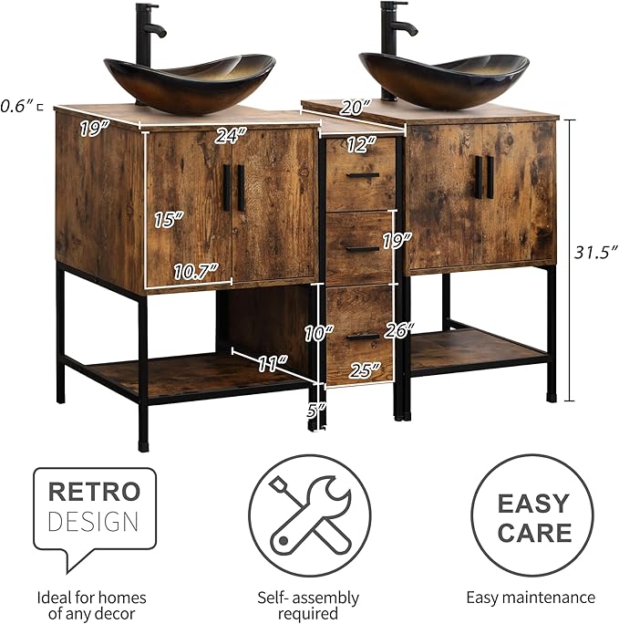 UEV Rustic Brown 60" Double Bathroom Vanity with Sink Combo,Industrial Iron Frame 2 Main Bathroom Vanity with Middle 3 Drawers Cabinet,Modern Champagne Boat Tempered Glass Vessel Sink(029CH)
