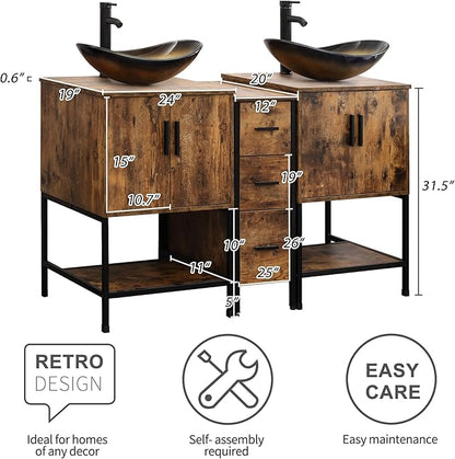 UEV Rustic Brown 60" Double Bathroom Vanity with Sink Combo,Industrial Iron Frame 2 Main Bathroom Vanity with Middle 3 Drawers Cabinet,Modern Champagne Boat Tempered Glass Vessel Sink(029CH)