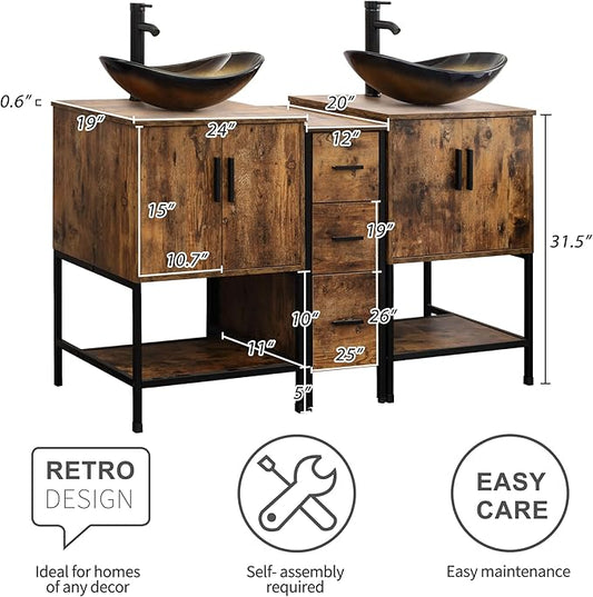 UEV Rustic Brown 60" Double Bathroom Vanity with Sink Combo,Industrial Iron Frame 2 Main Bathroom Vanity with Middle 3 Drawers Cabinet,Modern Champagne Boat Tempered Glass Vessel Sink(029CH)
