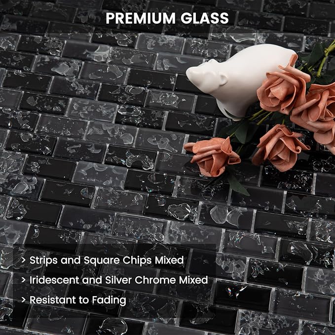 Glass Mosaic Tile Backsplash Black 12 Inch 5 sq.ft | Glass Tiles for Kitchen Backsplash Bathroom and Shower 5-Pack