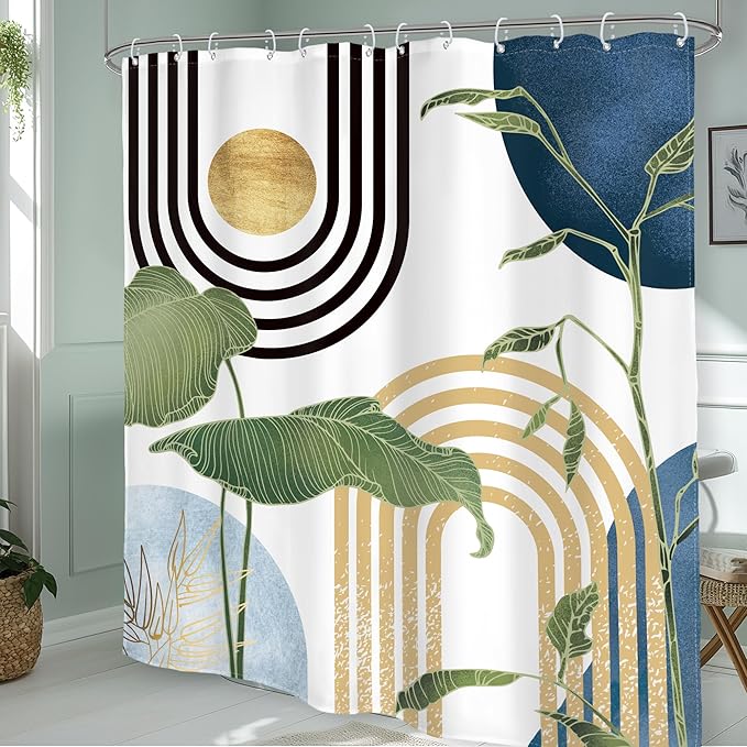 Glawry Navy Blue Boho Shower Curtain Abstract Light Blue Mid Century Tropical Plant Minimalist Modern Bathroom Mid Century 60Wx72L Inches Bath Accessories Art Home Decor Fabric 12 Pack Hook