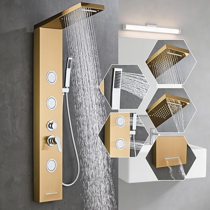 5-In-1Shower Panel Tower System-Brushed Gold | 304 stainless steel Shower Panel Column Tower With Powerful Body Jets,Body Spray,Rainfall,Waterfall,Handheld And Tub Spout