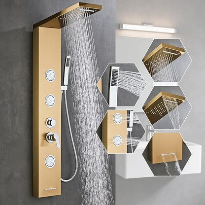 5-In-1Shower Panel Tower System-Brushed Gold | 304 stainless steel Shower Panel Column Tower With Powerful Body Jets,Body Spray,Rainfall,Waterfall,Handheld And Tub Spout