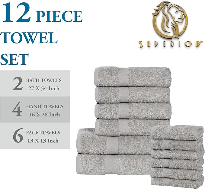 Superior 12-Piece Cotton Assorted Towel Set, Includes 6 Face Towel, 4 Hand, and 2 Bath Towels, Home, Bathroom, Guest Bath Essentials, Quick Dry, Absorbent, Franklin Collection - Silver