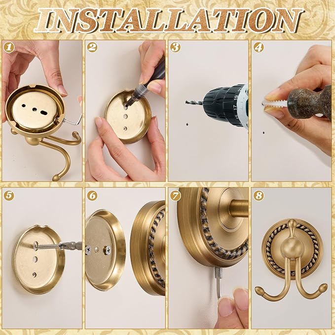 4 Pcs Antique Brass Gold Bathroom Accessories Set Wall-Mounted Towel Rack & Towel Ring & Toilet Paper Holder & Robe Hook, Wall Mounted Brass Vintage Bath Hardware Fixture Set(Style 5)
