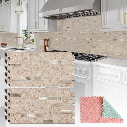 StyloVue 20 Sheets Peel and Stick Backsplash for Kitchen, 2026 Upgraded Classic Travertine Beige with Gold Metal Accents, Stick on Tile for Kitchen Backsplash, RV, Fireplace