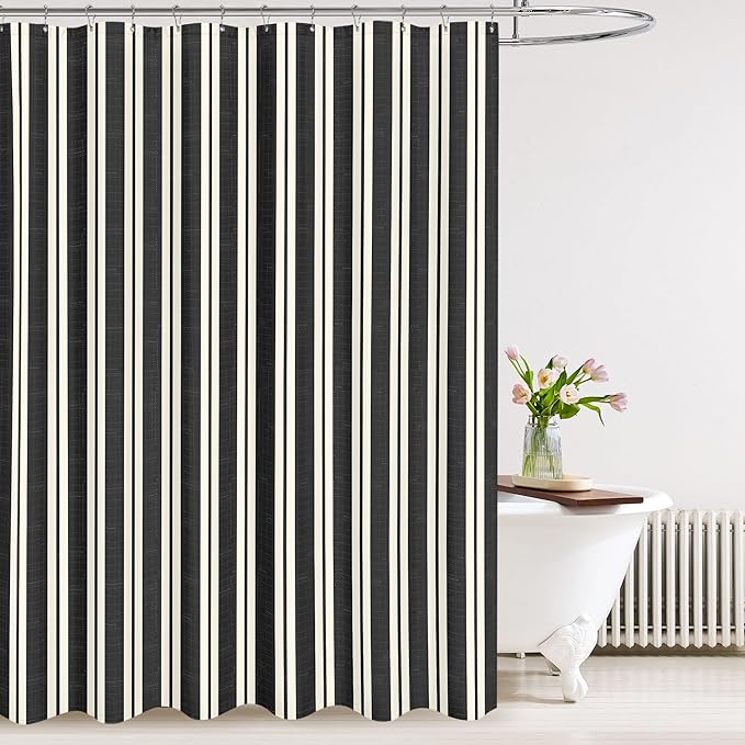 Tititex Cute Candy Cane Striped 140gsm Faux Linen Fabric Shower Curtain, Elegant Classic Black Beige Shower Curtain Sets Decoration 72x78 Inch with Hooks