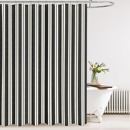 Tititex Cute Candy Cane Striped 140gsm Faux Linen Fabric Shower Curtain, Elegant Classic Black Beige Shower Curtain Sets Decoration 72x78 Inch with Hooks