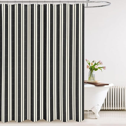 Tititex Cute Candy Cane Striped 140gsm Faux Linen Fabric Shower Curtain, Elegant Classic Black Beige Shower Curtain Sets Decoration 72x72 Inch with Hooks