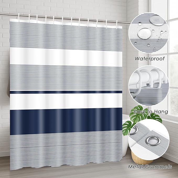 Bathroom Sets with Shower Curtain and Rug 4 Pcs Abstract Navy Blue | Striped Lines Modern Bathroom Decor Set with Toilet Lid Cover, Non-Slip Bath Mats and Accessories 12 Hooks