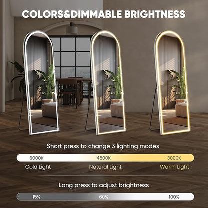DUMOS Arched LED Mirror Full Length Standing, 63"x20" Full Body Wall Mirror | LED Lights 3 Color Lighting and Shatterproof Tempered Glass, Wall Hanging or Leaning, Floor Standing, Modern Home Decor