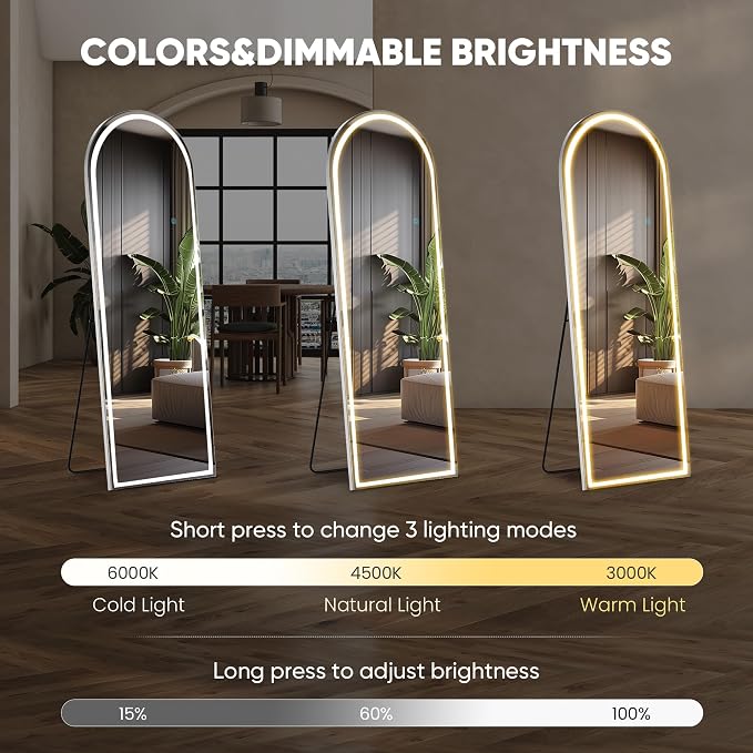DUMOS Arched Full Length Mirror Lighted, 20"x63" LED Floor Standing Mirror | LED Lights 3 Color Lighting and Shatterproof Tempered Glass, Wall Hanging or Leaning, Floor Standing, Modern Home Decor