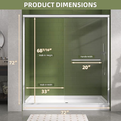 GETPRO Shower Door 68-72 in. W x 72 in. H Double Sliding Semi-Frameless Bypasss Bathroom Shower Glass Doors,1/4 inch Clear Tempered Glass Door for Walk-in Shower Chrome Finish