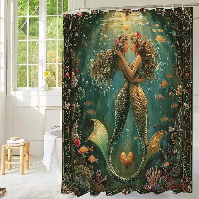 Fantasy Green Mermaid Shower Curtains,Ocean Theme Fish Shower Curtain,Romantic Waterproof Polyester Bath Curtain for Daughter Girl Women,Mermaid Bathroom Decor for Nautical Style,72x72 Inch