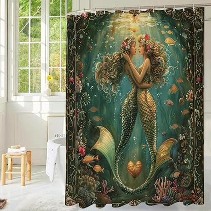 Fantasy Green Mermaid Shower Curtains,Ocean Theme Fish Shower Curtain,Romantic Waterproof Polyester Bath Curtain for Daughter Girl Women,Mermaid Bathroom Decor for Nautical Style,72x72 Inch