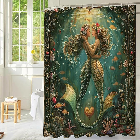 Fantasy Green Mermaid Shower Curtains,Ocean Theme Fish Shower Curtain,Romantic Waterproof Polyester Bath Curtain for Daughter Girl Women,Mermaid Bathroom Decor for Nautical Style,72x72 Inch