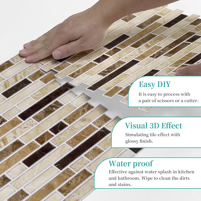 Alwayspon 10 Sheets 12" x12inch Brown Marble Effect Vinyl Tiles, Backsplash, Self-Adhesive Peel and Stick Wall Tile Stickers, Stick on Subway Tiles for Kitchen Bathroom Wall Decor