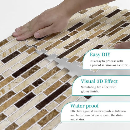 Alwayspon 10 Sheets 12" x12inch Brown Marble Effect Vinyl Tiles, Backsplash, Self-Adhesive Peel and Stick Wall Tile Stickers, Stick on Subway Tiles for Kitchen Bathroom Wall Decor