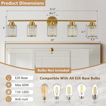 5-Light Crystal Bathroom Light Fixtures, Modern Gold Vanity Light, 37.4" Vanity Lights with Clear Crystal Shade, E26 Base Wall Sconces Over Mirror for Bathroom, Bedroom, Hallway