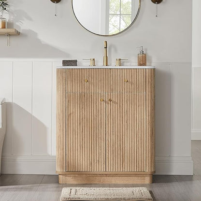 T4TREAM 30 Inch Bathroom Vanity with Sink, Modern Fluted Single Bathroom Vanity with Sink with Storage Cabinet, Adjustable Shelf, Natural Oak