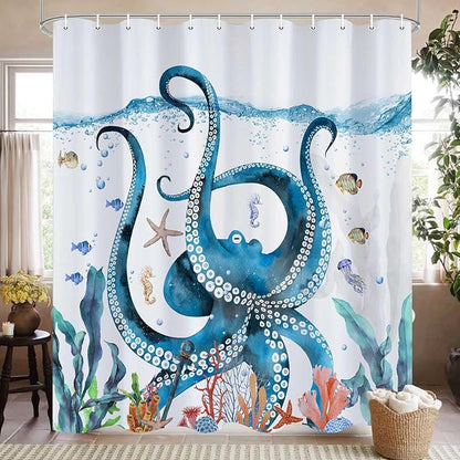 Nautical Octopus Shower Curtain Funny Ocean Beach Sea Monster Animal Waterproof Fabric Bath Curtain Decor Unique Novelty Bathroom Accessories with Hooks Set 72X72 Inch