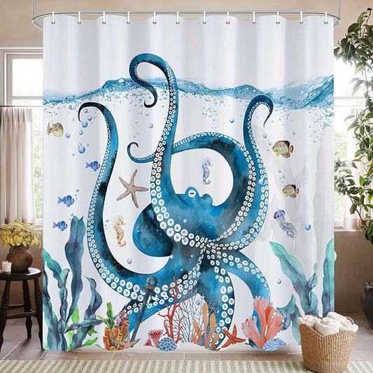 Nautical Octopus Shower Curtain Funny Ocean Beach Sea Monster Animal Waterproof Fabric Bath Curtain Decor Unique Novelty Bathroom Accessories with Hooks Set 72X72 Inch