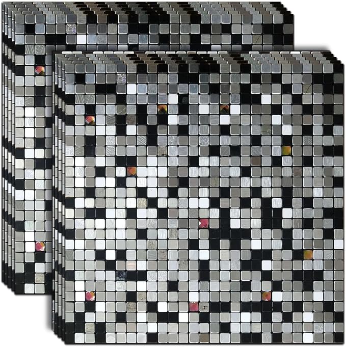 10 Pcs Peel and Stick Backsplash Mosaic Tiles, Self-Adhesive Wall Tile, Waterproof Oil Proof Stick On Tile for Kitchen, Bathroom Vanity, Fireplace & Laundry Room Decor (Mixed Dark&Silver)
