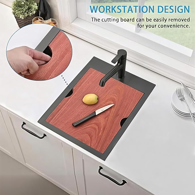 VAPSINT 15x20 Inch Black Drop In Bar Sink Workstation, 15x20x9 Inch Topmount T304 Stainless Steel Small Kitchen Bar Sink, Handmade Gunmetal Single Bowl for Wet Prep RV Outdoor with Accessories