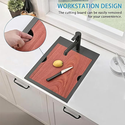 VAPSINT 15x20 Inch Black Drop In Bar Sink Workstation, 15x20x9 Inch Topmount T304 Stainless Steel Small Kitchen Bar Sink, Handmade Gunmetal Single Bowl for Wet Prep RV Outdoor with Accessories