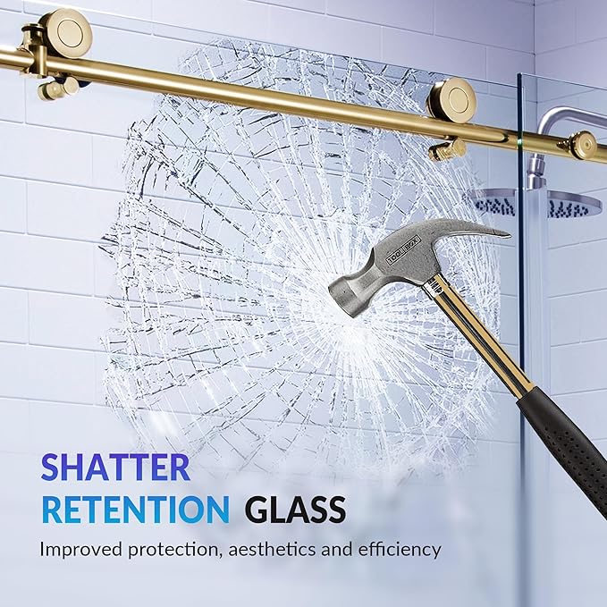 Woodbridge Frameless Single Sliding Shower Doors in Brushed Gold Finish, 45.5-48" Width x 76" Height with 3/8"(10mm) Clear Tempered Glass, Soft Close System and Explosion-Proof Film, BSDC4876-BG