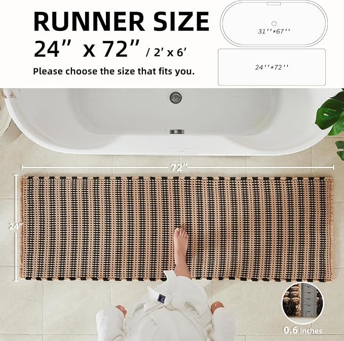 TYUU Waffle Runner Rug Bathroom, Long Boho Bath Mat, 72x24 Black & Khaki | Super Absorbent Quick Dry Bath Rug, Non-Slip Backing, Soft Waffle Washable Farmhouse Bathroom Mats, Tub, Shower & Home Decor