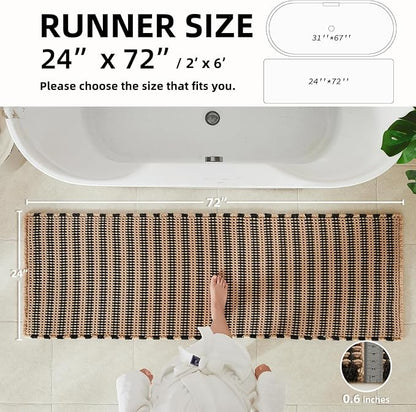TYUU Waffle Runner Rug Bathroom, Long Boho Bath Mat, 72x24 Black & Khaki | Super Absorbent Quick Dry Bath Rug, Non-Slip Backing, Soft Waffle Washable Farmhouse Bathroom Mats, Tub, Shower & Home Decor