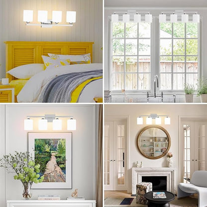 Quntis Chrome Bathroom Light Fixtures Over Mirror 5 Colors Adjustable, 4-Light LED Bathroom Vanity Lighting with Milky White Frosted Glass Shade, Energy-Saving LED Vanity Light 28.3 inch