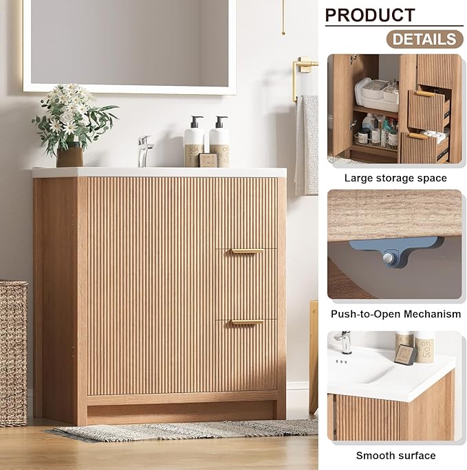 Bathroom Vanity with Sink, 32 Inch Single Bathroom Vanity with Sink with Storage Cabinet, 2 Drawers & 2 Doors, Solid Wood Storage Cabinet with Ceramic Basin for Bathroom, Nature Oak