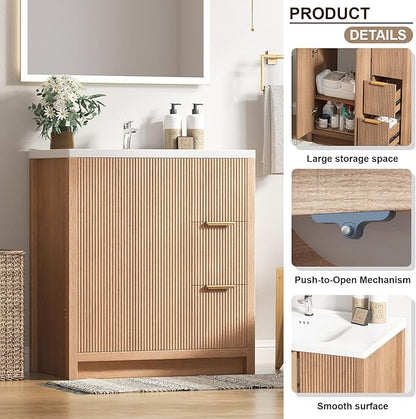 32" Bathroom Vanity with Sink, Free Standing Single Vanity Set with 2 Drawers & 2 Doors, Solid Wood Storage Cabinet with Ceramic Basin for Bathroom, Nature Oak