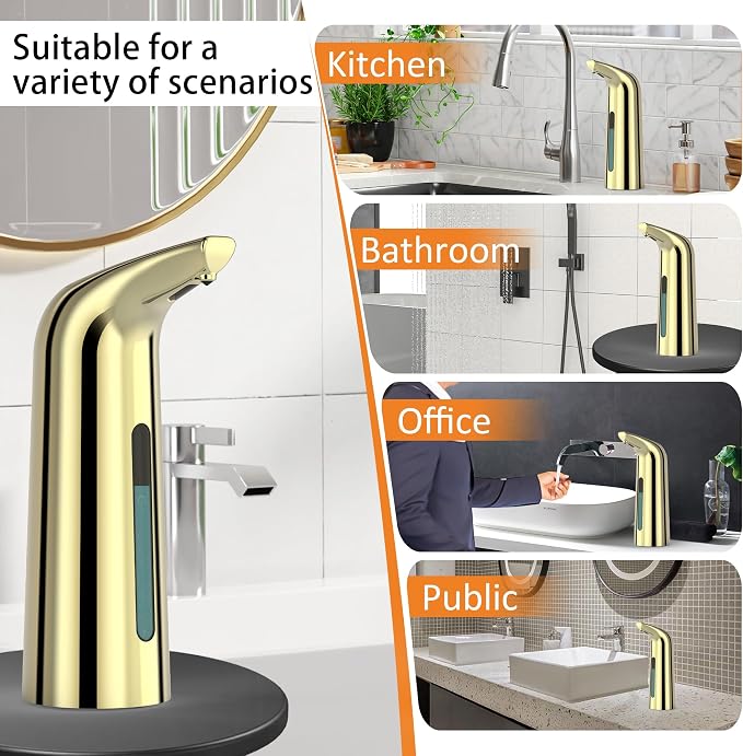 Automatic Liquid Soap Dispenser, 4-Level,Rechargeable | Plastic,13.5oz/400ml Gold Touchless Electric Hand & Dish Countertop Soap Dispensers with Sensor for Bathroom,Kitchen Sink