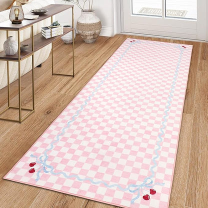 Garvee Washable Runner Rug 2x6 Non Slip Blush Pink Checkered Cherry | Coquette Aesthetic Decor Kitchen Rugs Low Pile Entryway Rug Soft Stain Resistant Carpet for Bedroom Bathroom Hallway Laundry