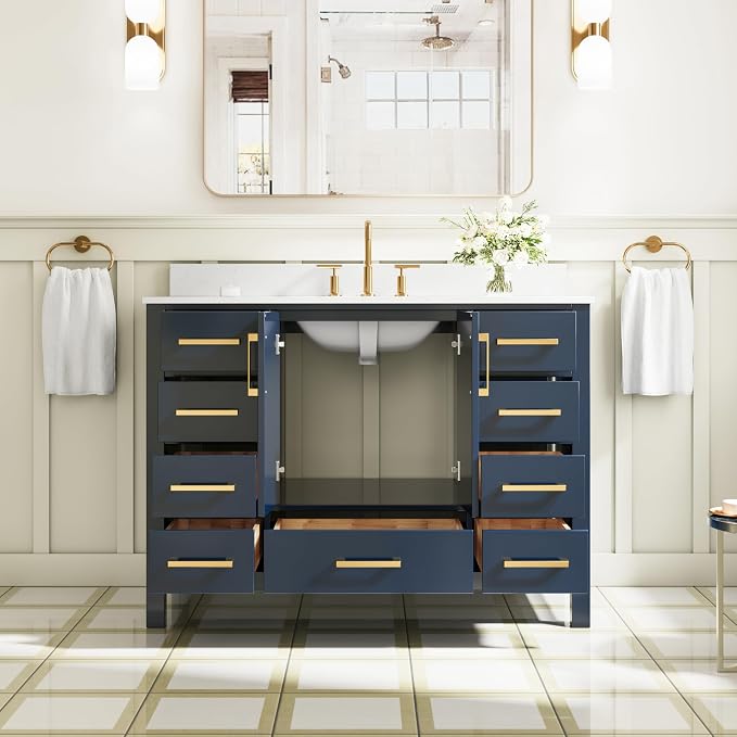 48-Inch Bathroom Vanity with Sink, 2 Soft-Close Doors and 9 Soft-Close Drawers, Bathroom Freestanding Vanity with Cultured Marble Countertop, Navy Blue Vanity W/Gold Handles