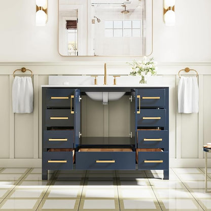48-Inch Bathroom Vanity with Sink, 2 Soft-Close Doors and 9 Soft-Close Drawers, Bathroom Freestanding Vanity with Cultured Marble Countertop, Navy Blue Vanity W/Gold Handles