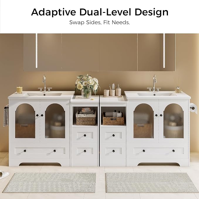 IRONCK 42 Inch Bathroom Vanity with Sink Set, Reversible Design, White | Modern Bathroom Storage Cabinet with 3 Drawers, 2 Visual Soft Close Doors, Open Cubby, Towel Holder