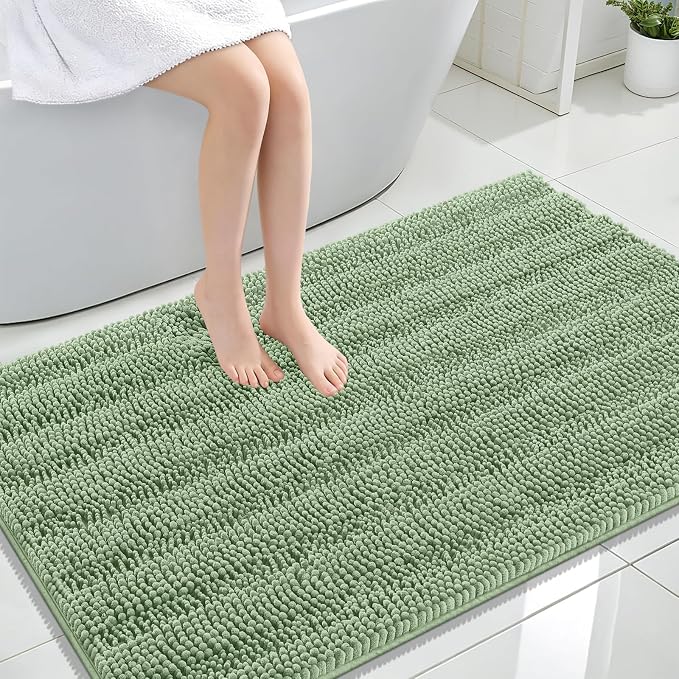 OLANLY Thick Large Bathroom Rugs 47x32, Chenille Bath Rugs, Sage Green | Absorbent Striped, Rubber Backing, Machine Wash Dry, Bath Mats for Bathroom Floor, Tub and Shower, Home Decor Accessories