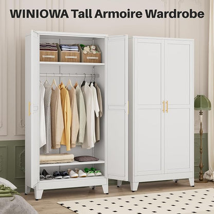 winiowa Metal Armoire Wardrobe Closet with 2 Doors, 71"' Wardrobe Cabinet with Adjustable Shelves and Hanging Rod, Clothing Storage Cabinet Closet for Bedroom-White