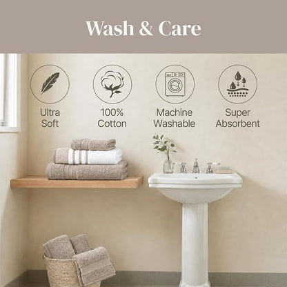 Modern Threads 6-Piece Towel Set – 100% Cotton, Quick Dry, Ultra Absorbent – Includes 2 Bath, 2 Hand, 2 Washcloths (White/Reinhart Tan)