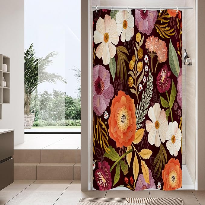 Boho Floral Shower Curtain, Purple Botanical Fabric Curtain, 36 x 72 | Boho Chic Floral, Vintage Botanical, Modern Farmhouse, Eclectic Rustic, Colorful Flowers, Fabric Shower Curtain