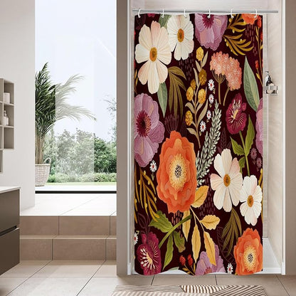 Boho Floral Shower Curtain, Purple Botanical Fabric Curtain, 36 x 72 | Boho Chic Floral, Vintage Botanical, Modern Farmhouse, Eclectic Rustic, Colorful Flowers, Fabric Shower Curtain